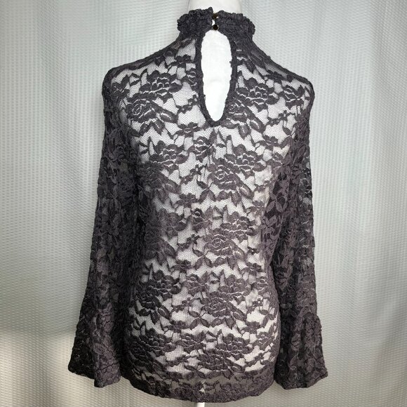 Lily White Victorian Semi-Sheer Floral Lace Blouse Women's Gray XL High Neckline - Picture 2 of 9